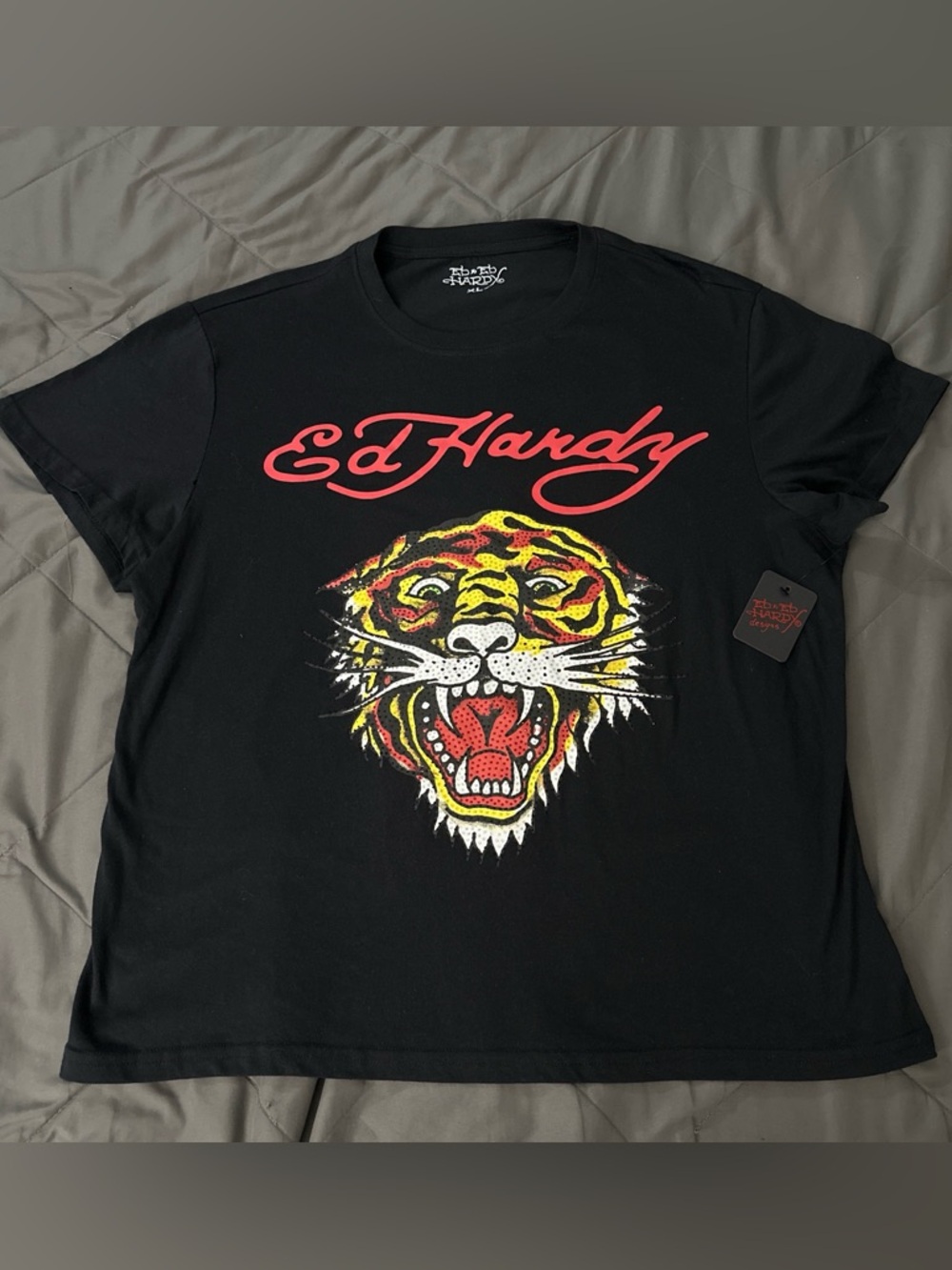 Ed Hardy men’s Tee size XL black with Red Script and Yellow Tiger Graphic NWT